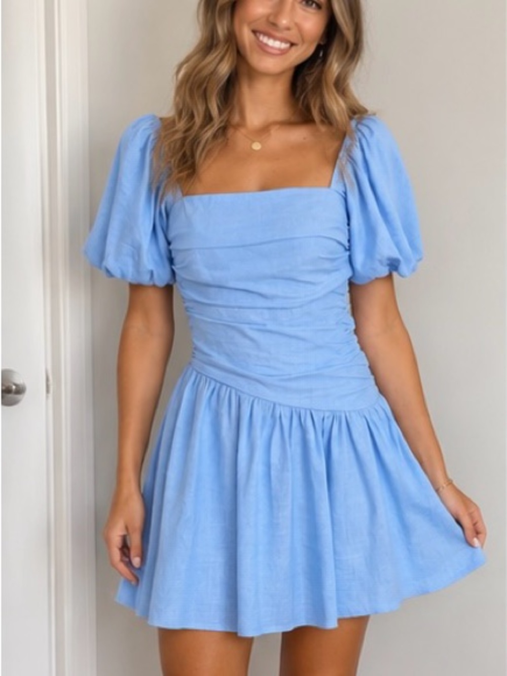 HELLO MOLLY Light Blue Puff Sleeve Ruched Mini Dress | Size M / US 6